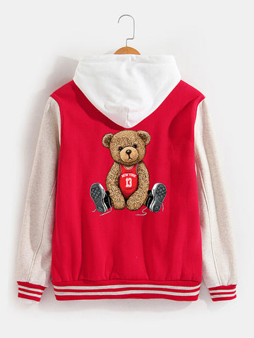 New York Bear Print Baseball Jacket